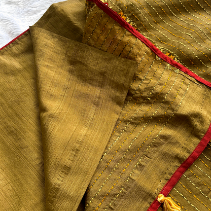 Bronze Semi Tussar Silk Saree with Kutch & Mirror Work