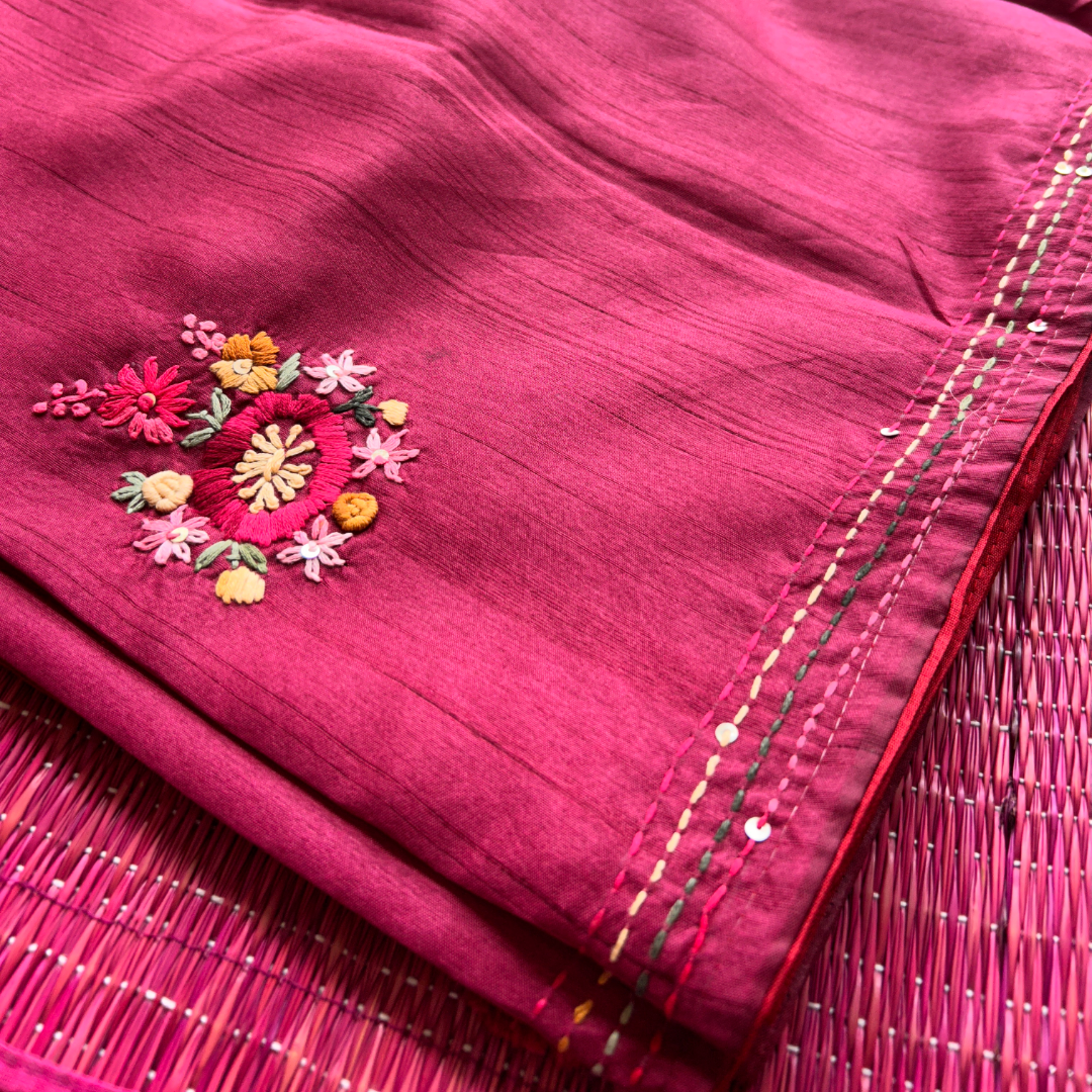 Reddish Pink Raw Silk Saree with Handwoven Parsi Work | Mriksha Sarees