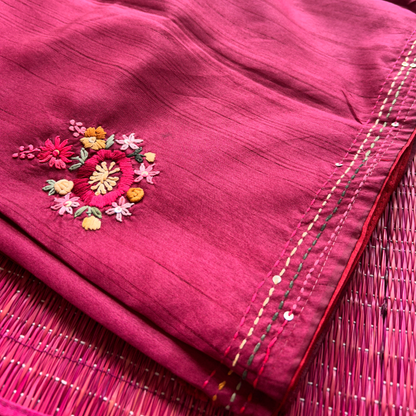 Reddish Pink Raw Silk Saree with Handwoven Parsi Work | Mriksha Sarees