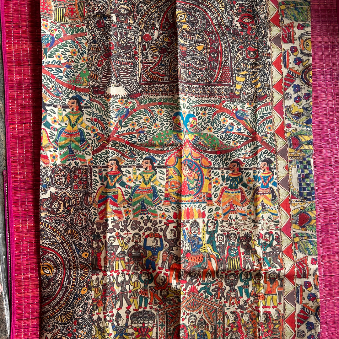 Beige Digital Printed Saree with Cave Painting Style Figurines & Plain Black Blouse | Mriksha Sarees