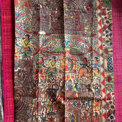 Beige Digital Printed Saree with Cave Painting Style Figurines & Plain Black Blouse | Mriksha Sarees