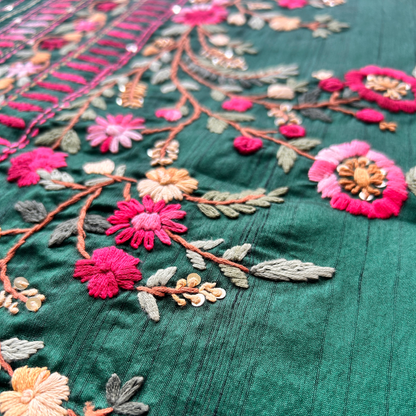 Deep Green Kantha Embroidered Saree | Mriksha Sarees
