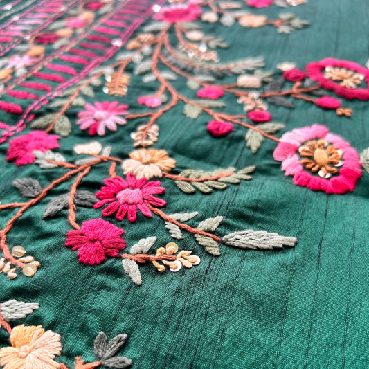 Deep Green Kantha Embroidered Saree | Mriksha Sarees