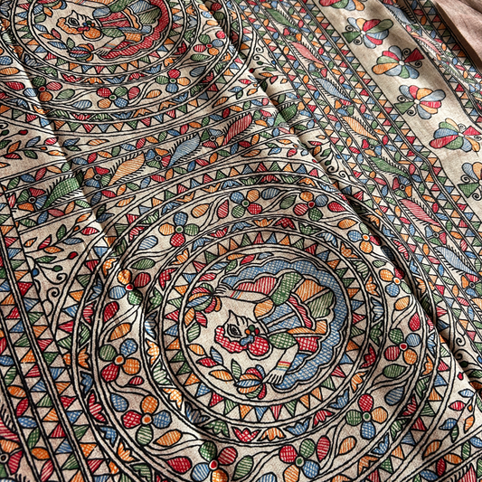 Beige Ghicha Silk Saree with Madhubani Girl Print & Chocolate Brown Blouse | Mriksha Sarees