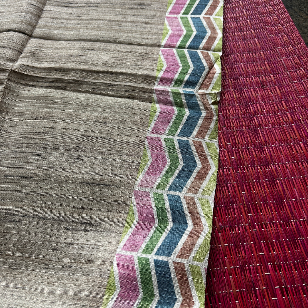 Beige Ghicha Silk Saree with Green Geometric Design Pallu & Blouse | Mriksha Sarees