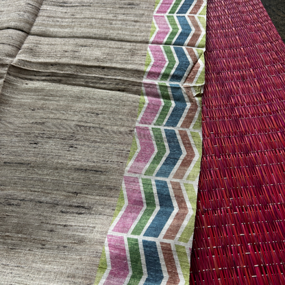 Beige Ghicha Silk Saree with Green Geometric Design Pallu & Blouse | Mriksha Sarees