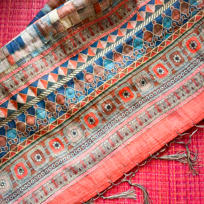 Soft Printed Linen Saree with Kantha Embroidery | Multicoloured Checks