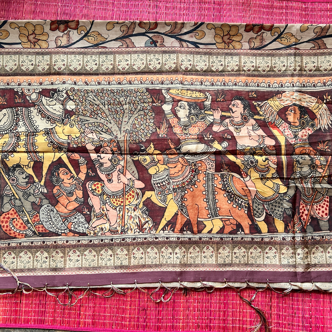 Beige & Brown Premium Tissue Kalamkari Printed Saree with Floral Border & Printed Blouse | Mriksha Sarees