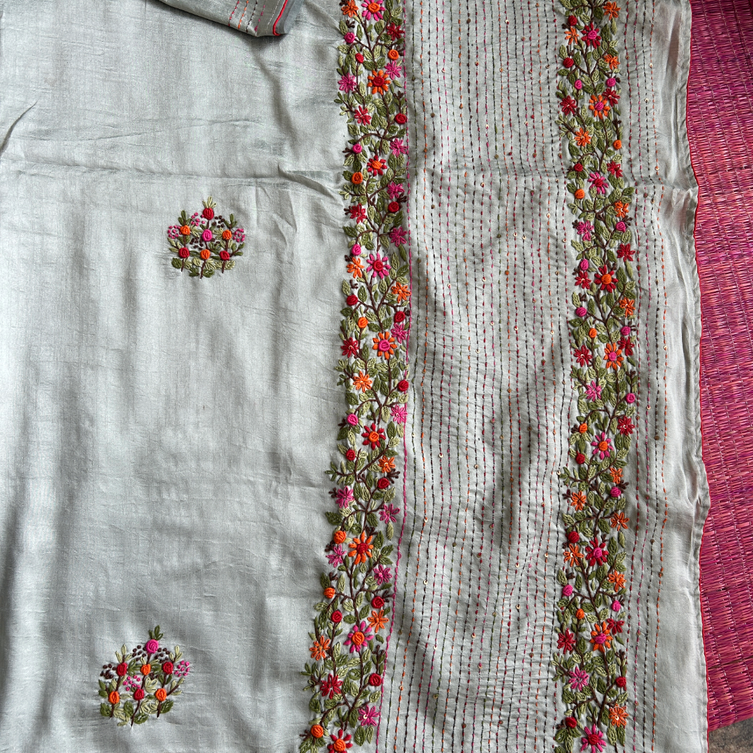 Silver Semi Tussar Silk Saree with Handwoven Bullion Stitch Work | Mriksha Sarees