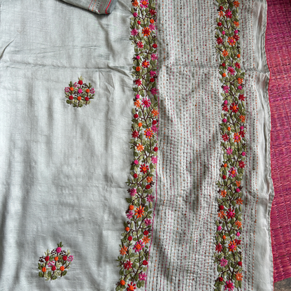 Silver Semi Tussar Silk Saree with Handwoven Bullion Stitch Work | Mriksha Sarees