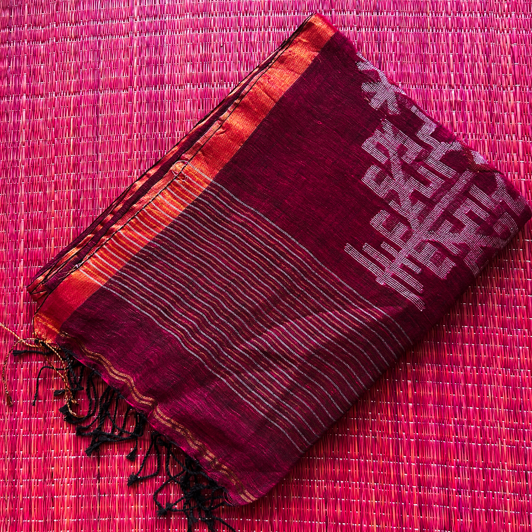 Pure Linen Jamdani Saree with Zari Pallu – Plum | Mriksha Sarees