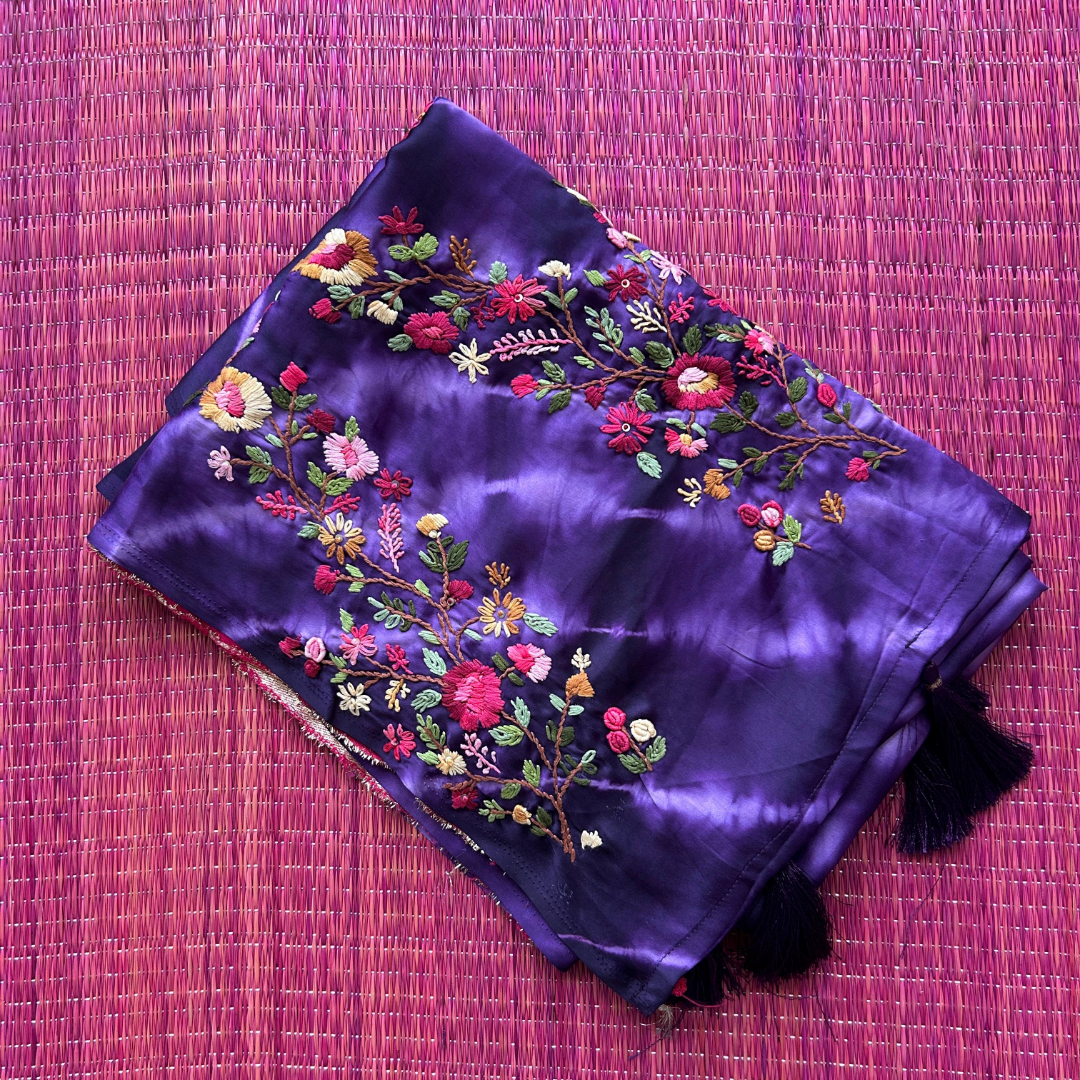 Tie & Dye Mashru Silk Saree with Handwoven Embroidery & Contrast Brocade Blouse | Purple & Black | Mriksha Sarees