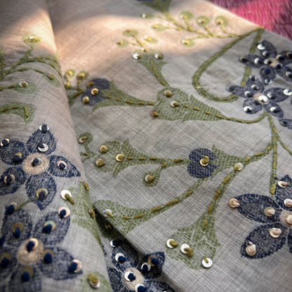 Cream Semi Tussar Silk Saree with Blue Handwoven Floral Kantha Work | Mriksha Sarees
