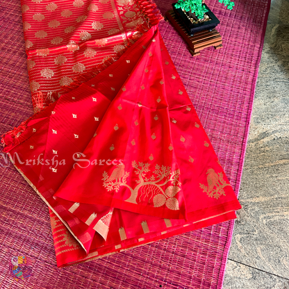 Banarasi Zari Embroidery Soft Silk Saree – Floral & Bird Motif Collection (Green, Red, Teal Variants)
