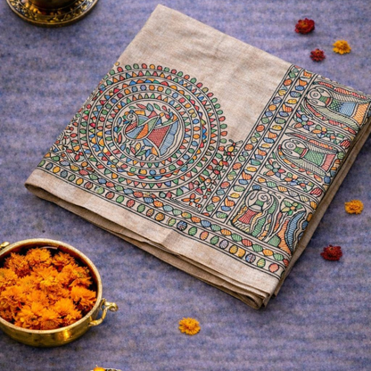 Beige Ghicha Silk Saree with Madhubani Peacock Print & Chocolate Brown Blouse | Mriksha Sarees