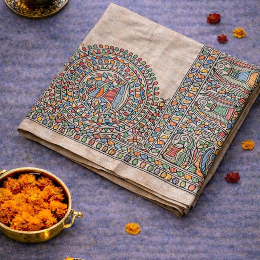 Beige Ghicha Silk Saree with Madhubani Peacock Print & Chocolate Brown Blouse | Mriksha Sarees