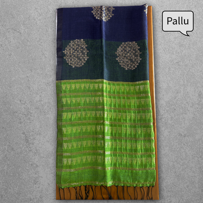 Blue & Green Pure Linen Jamdani Saree with Zari Striped Pallu