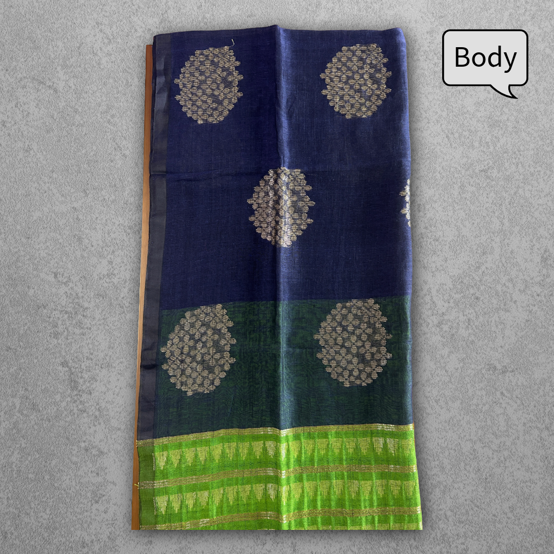 Blue & Green Pure Linen Jamdani Saree with Zari Striped Pallu