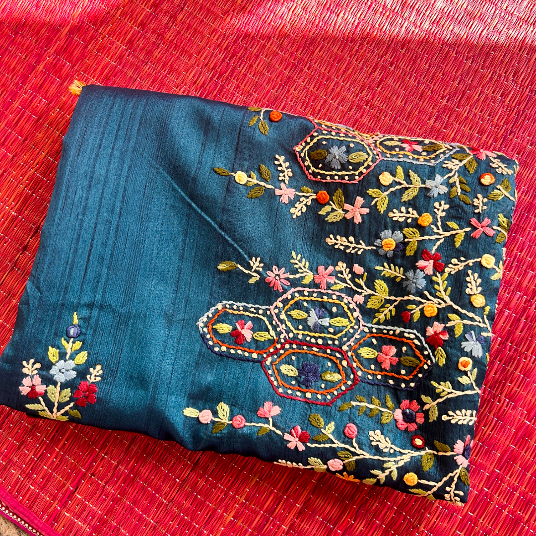 Teal Blue Semi Tussar Silk Saree with Hand Bullion Embroidery | Mriksha sarees