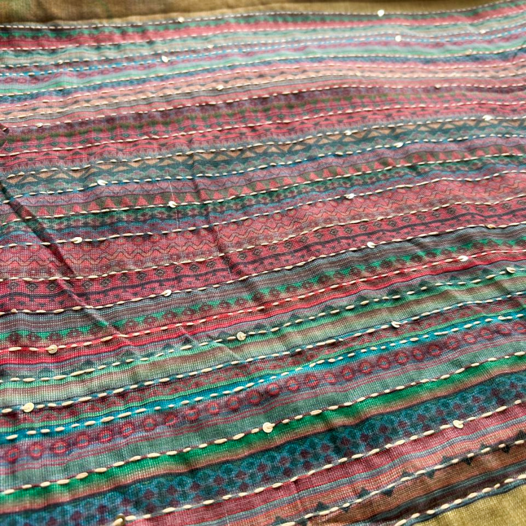 Soft Printed Linen Saree with Kantha Embroidery & Contrast Blouse – Light Green | Mriksha