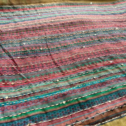 Soft Printed Linen Saree with Kantha Embroidery & Contrast Blouse – Light Green | Mriksha