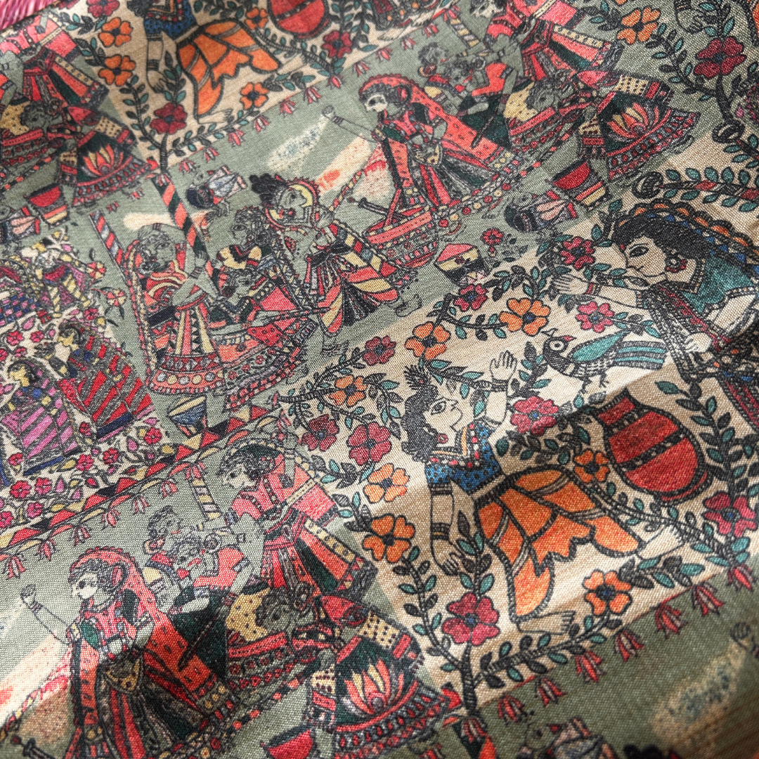 Dusty Green Digital Printed Saree with Copper Zari Border & Copper Brocade Blouse | Mriksha Sarees