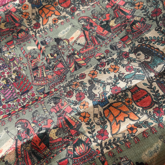 Dusty Green Digital Printed Saree with Copper Zari Border & Copper Brocade Blouse | Mriksha Sarees