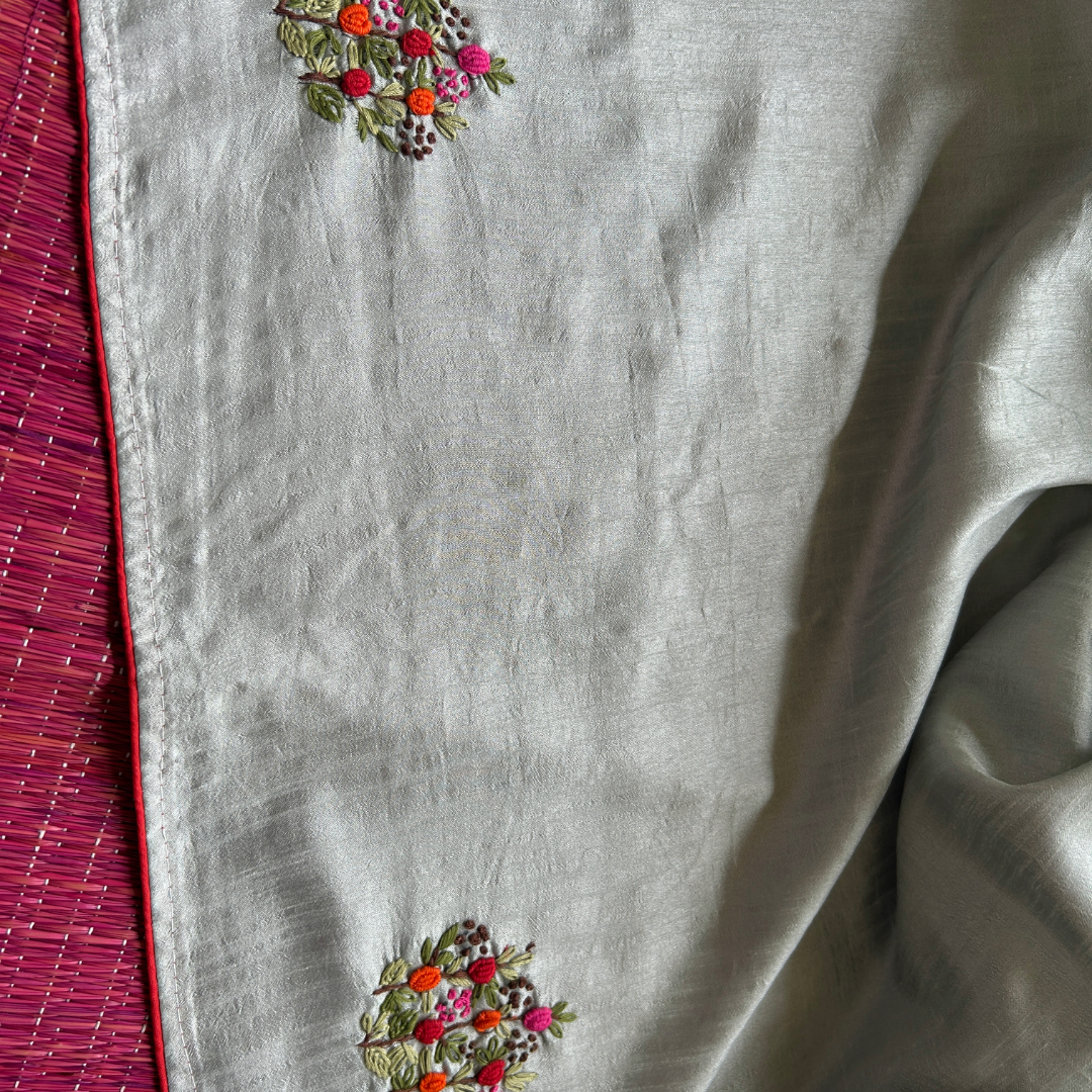 Silver Semi Tussar Silk Saree with Handwoven Bullion Stitch Work | Mriksha Sarees