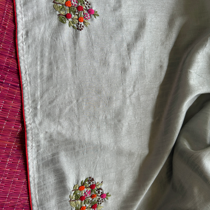 Silver Semi Tussar Silk Saree with Handwoven Bullion Stitch Work | Mriksha Sarees