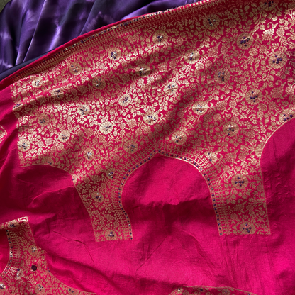 Tie & Dye Mashru Silk Saree with Handwoven Embroidery & Contrast Brocade Blouse | Purple & Black | Mriksha Sarees