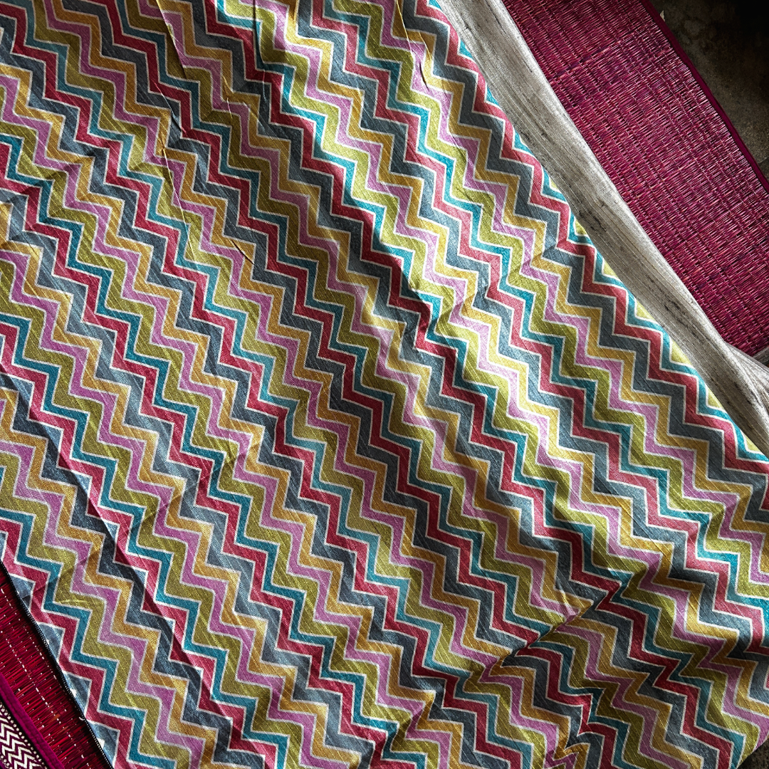 Beige Ghicha Silk Saree with Multicolour Geometric Pallu & Blouse | Mriksha Sarees