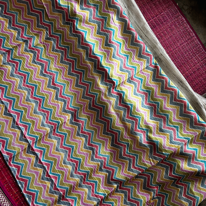 Beige Ghicha Silk Saree with Multicolour Geometric Pallu & Blouse | Mriksha Sarees