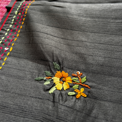 Dark Grey Raw Silk Saree with Parsi Work | Mriksha Sarees