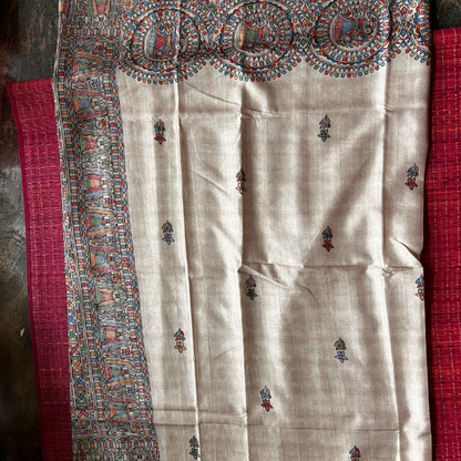 Beige Ghicha Silk Saree with Madhubani Peacock Print & Chocolate Brown Blouse | Mriksha Sarees