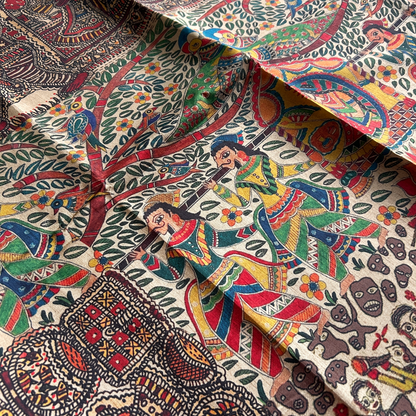 Beige Digital Printed Saree with Cave Painting Style Figurines & Plain Black Blouse | Mriksha Sarees