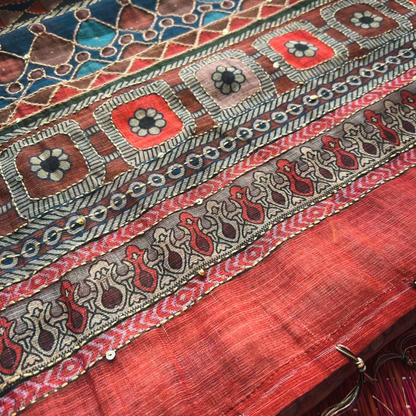 Soft Printed Linen Saree with Kantha Embroidery | Multicoloured Checks