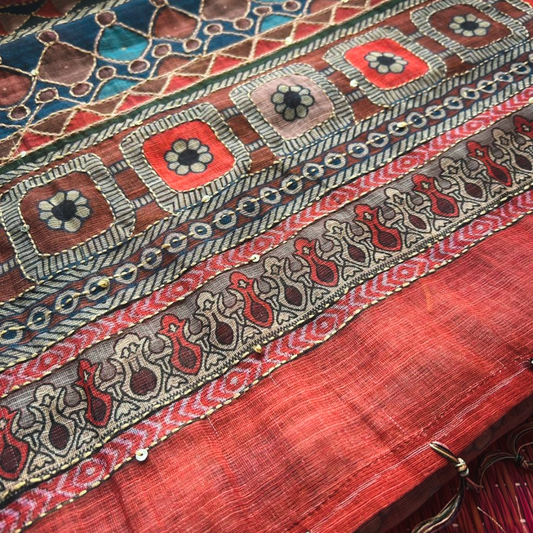 Soft Printed Linen Saree with Kantha Embroidery | Multicoloured Checks