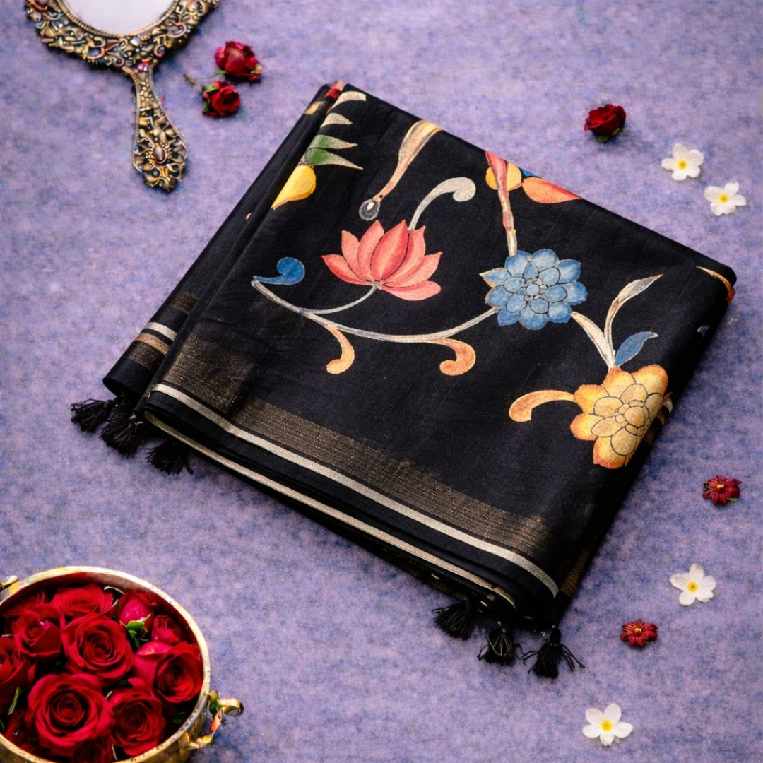 Black Digital Printed Saree with Pichwai Design | Mriksha Sarees