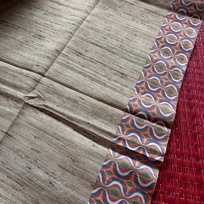 Beige Ghicha Silk Saree with Pink Curve Design Pallu & Blouse | Mriksha Sarees