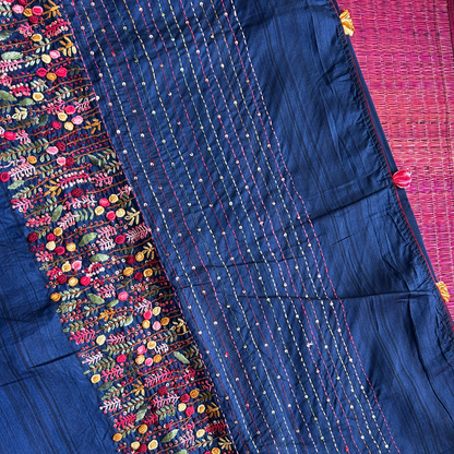 Royal Blue Semi Tussar Silk Saree with Hand Bullion Embroidery | Mriksha sarees