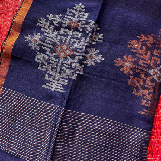 Blue Pure Linen Jamdani Saree with Zari Pallu | Mriksha Sarees