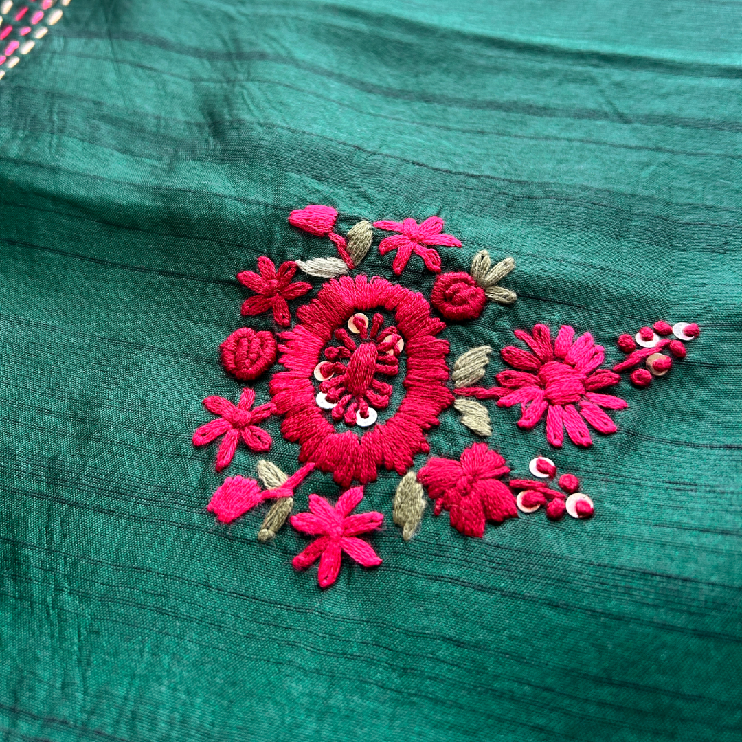 Deep Green Kantha Embroidered Saree | Mriksha Sarees