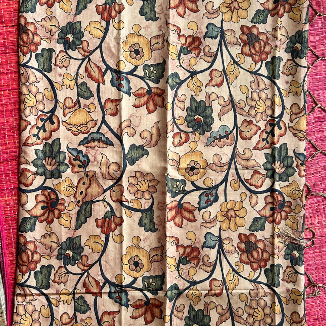 Beige & Brown Premium Tissue Kalamkari Printed Saree with Floral Border & Printed Blouse | Mriksha Sarees