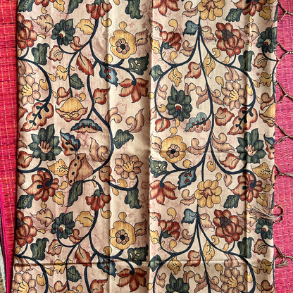 Beige & Brown Premium Tissue Kalamkari Printed Saree with Floral Border & Printed Blouse | Mriksha Sarees