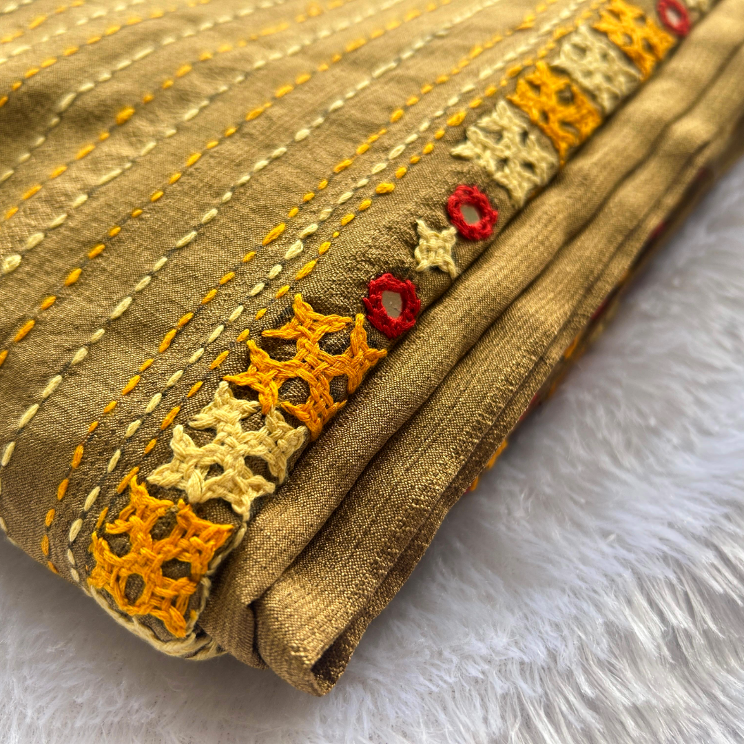 Bronze Semi Tussar Silk Saree with Kutch & Mirror Work