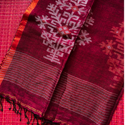 Pure Linen Jamdani Saree with Zari Pallu – Plum | Mriksha Sarees