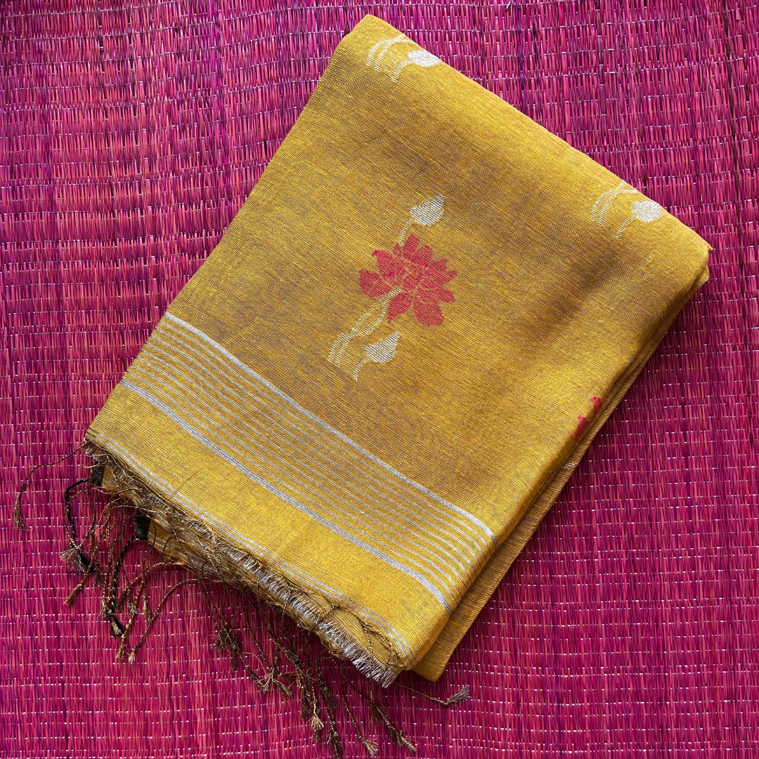 Lotus Motif Tissue Linen Saree – Yellow | Mriksha Sarees