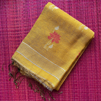 Lotus Motif Tissue Linen Saree – Yellow | Mriksha Sarees