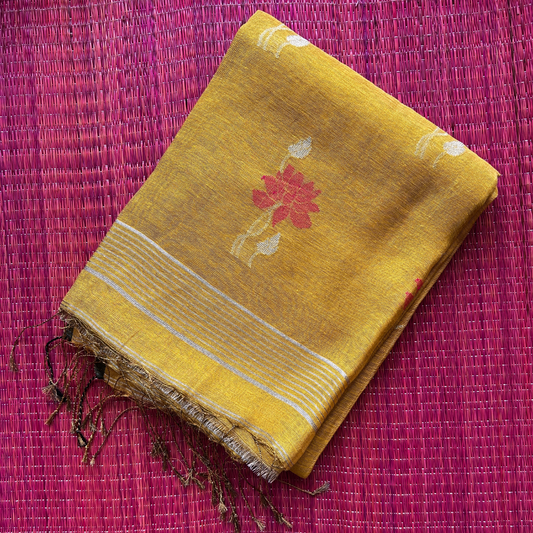 Lotus Motif Tissue Linen Saree – Yellow | Mriksha Sarees