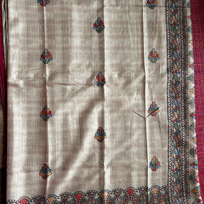 Beige Ghicha Silk Saree with Madhubani Girl Print & Chocolate Brown Blouse | Mriksha Sarees